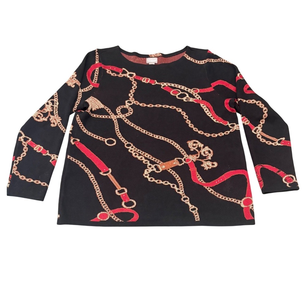Chicos Sweater Womens Large Black Red Gold Chain Link Print Metallic Crewneck